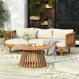 Outdoor Acacia Wood Conversation Set, 3-Seat Loveseat Sofa w/Coushion and Round Coffee Table for Backyard, Patio Furniture, Tea