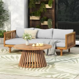 Outdoor Acacia Wood Conversation Set, 3-Seat Loveseat Sofa w/Coushion and Round Coffee Table for Backyard, Patio Furniture, Tea