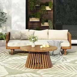 Outdoor Acacia Wood Conversation Set, 3-Seat Loveseat Sofa w/Coushion and Round Coffee Table for Backyard, Patio Furniture, Tea