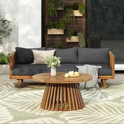 Outdoor Acacia Wood Conversation Set, 3-Seat Loveseat Sofa w/Coushion and Round Coffee Table for Backyard, Patio Furniture, Tea