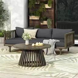 Outdoor Acacia Wood Conversation Set, 3-Seat Loveseat Sofa w/Coushion and Round Coffee Table for Backyard, Patio Furniture, Tea