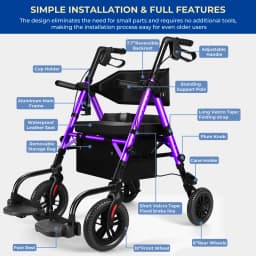Lightweight 2 in 1 Rolling Walkers Wheelchair Combo for Adult, Transport Chair with Brakes, Adjustable Seat & Handle, 300lbs