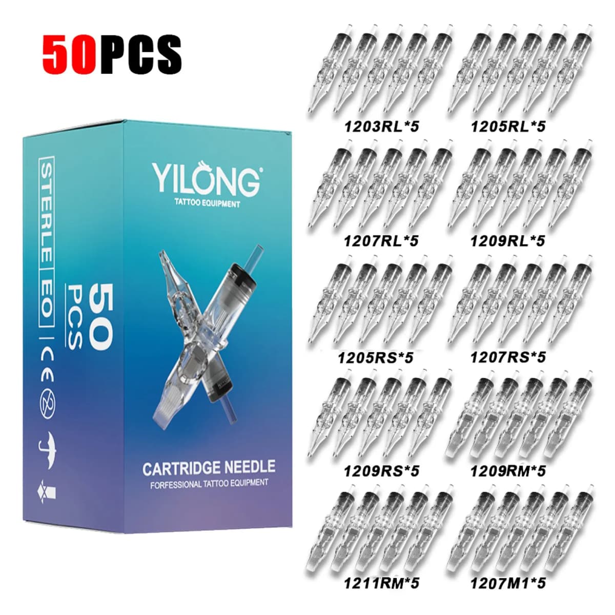 YILONG 50/20PCS Mixed Transparent Professional Tattoo Needles with Membrane Safety Cartridges Disposable Tattoo NeedleForTattoo