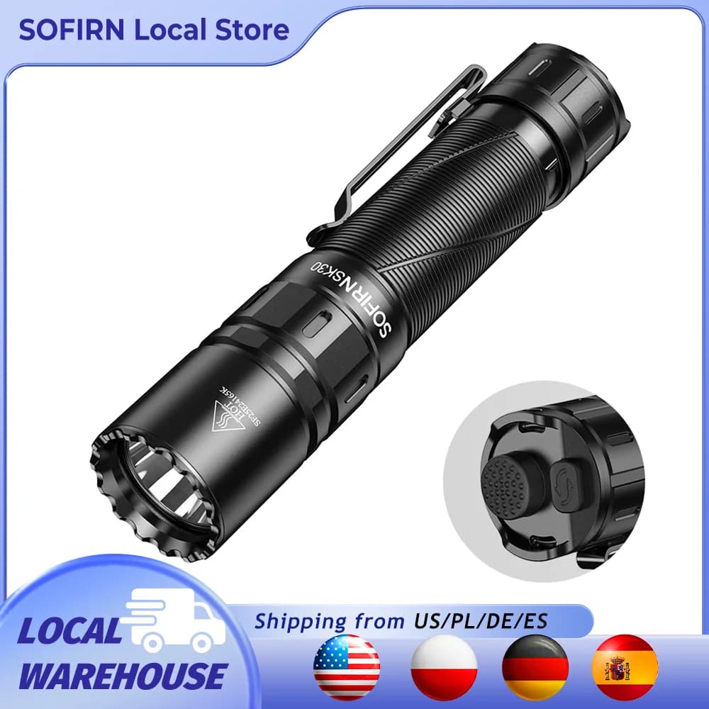 SOFIRN SK30 3000 High Lumen 6000K Tactical Flashlight USB C 21700 Rechargeable Pocket Torch with Dual Tail Switches
