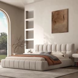 Queen Size Modern Cloud Platform Bed with 38.5-inch High Extra-Thick Soft Headboard, Includes Footboard, Block Design, Cream Uph