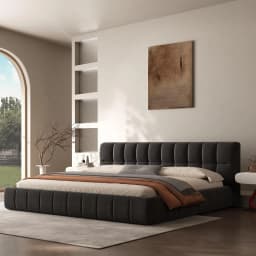 Queen Size Modern Cloud Platform Bed with 38.5-inch High Extra-Thick Soft Headboard, Includes Footboard, Block Design, Cream Uph