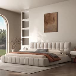 Queen Size Modern Cloud Platform Bed with 38.5-inch High Extra-Thick Soft Headboard, Includes Footboard, Block Design, Cream Uph