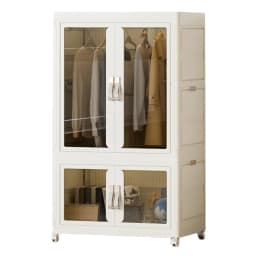 Portable Closet Plastic Wardrobe with Hanging Rod Multi-Function Storage Shelf with Clear Door Closet Organizer for Clothes