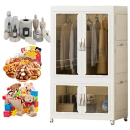 Portable Closet Plastic Wardrobe with Hanging Rod Multi-Function Storage Shelf with Clear Door Closet Organizer for Clothes