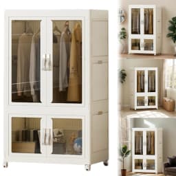 Portable Closet Plastic Wardrobe with Hanging Rod Multi-Function Storage Shelf with Clear Door Closet Organizer for Clothes