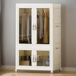 Portable Closet Plastic Wardrobe with Hanging Rod Multi-Function Storage Shelf with Clear Door Closet Organizer for Clothes