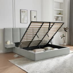 King Upholstered Platform Bed Lift-Up Storage Velvet Headboard Built-in Nightstands No Box Spring Needed Beige Customized