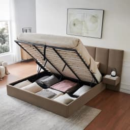 King Upholstered Platform Bed Lift-Up Storage Velvet Headboard Built-in Nightstands No Box Spring Needed Beige Customized