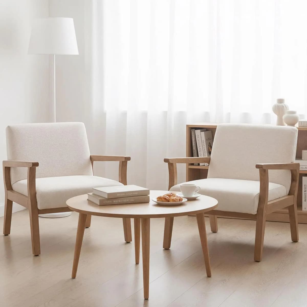 Mid Century Accent Chair Set 2 Wood Frame Linen Upholstery Living Room Bedroom Ivory Customized