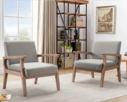 Mid Century Accent Chair Set 2 Wood Frame Linen Upholstery Living Room Bedroom Ivory Customized