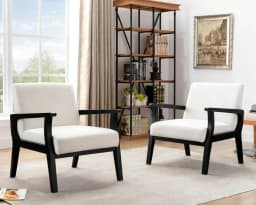 Mid Century Accent Chair Set 2 Wood Frame Linen Upholstery Living Room Bedroom Ivory Customized
