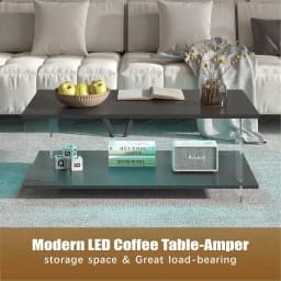 43" Acrylic Coffee Table Black Wood Top Minimalist Modern Rectangular Center Table LED Storage Shelf Small Space, Customized