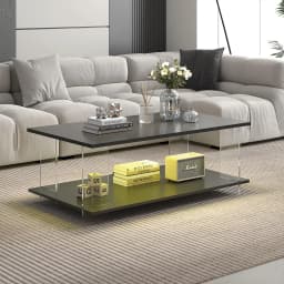 43" Acrylic Coffee Table Black Wood Top Minimalist Modern Rectangular Center Table LED Storage Shelf Small Space, Customized