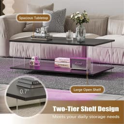 43" Acrylic Coffee Table Black Wood Top Minimalist Modern Rectangular Center Table LED Storage Shelf Small Space, Customized