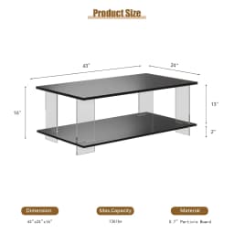 43" Acrylic Coffee Table Black Wood Top Minimalist Modern Rectangular Center Table LED Storage Shelf Small Space, Customized