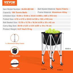 SucceBuy Foldable Tennis Ball Cart Holds 150/180 Tennis Balls Basket Hopper with Wheels for Sports Teaching Baseball Trolley