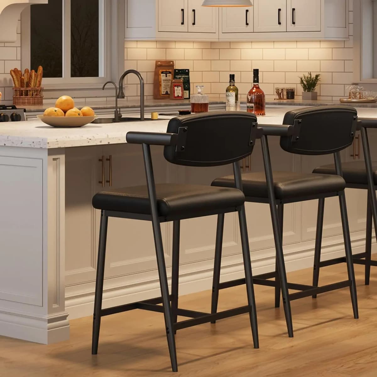 2PCS Modern Bar Stools Set with Back & Upholstered Wider Seat, Metal Bar Stools with Footrest for Kitchen Island Easy Assembly