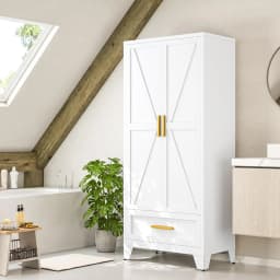 71" White Metal Wardrobes Closet With Hanging Rod and Drawers,Barn Doors, Adjustable Shelves For Home, Bedroom, Laundry room