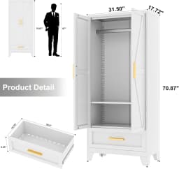 71" White Metal Wardrobes Closet With Hanging Rod and Drawers,Barn Doors, Adjustable Shelves For Home, Bedroom, Laundry room