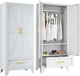 71" White Metal Wardrobes Closet With Hanging Rod and Drawers,Barn Doors, Adjustable Shelves For Home, Bedroom, Laundry room