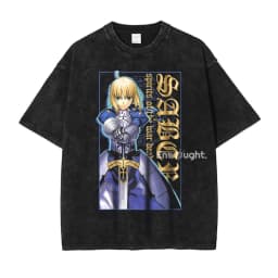 Saber T Shirt Anime Fate Rin Oversized Vintage Washed T-shirts Streetwear Retro Manga DTG Printing Tops Tees Men 100% Cotton