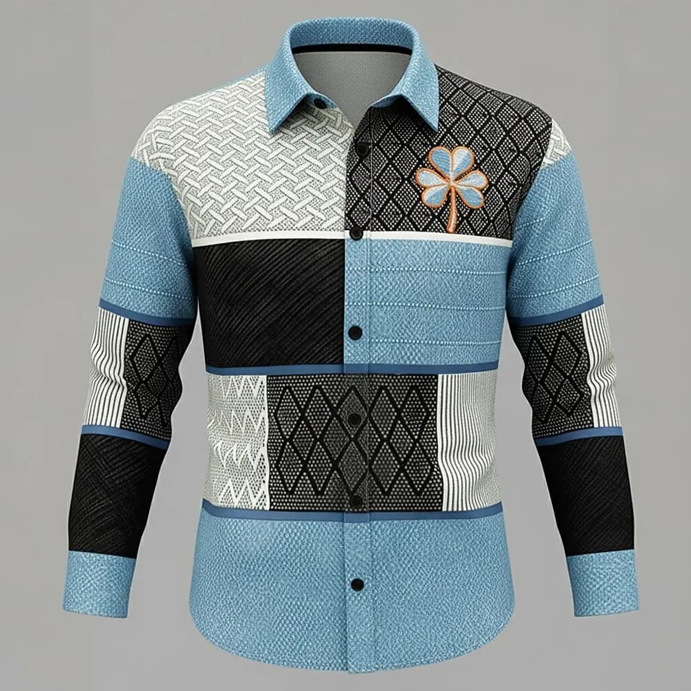 Men's casual long-sleeved shirt, blue and black color blocking pattern adorned with a trefoil logo comfortable button-down shirt