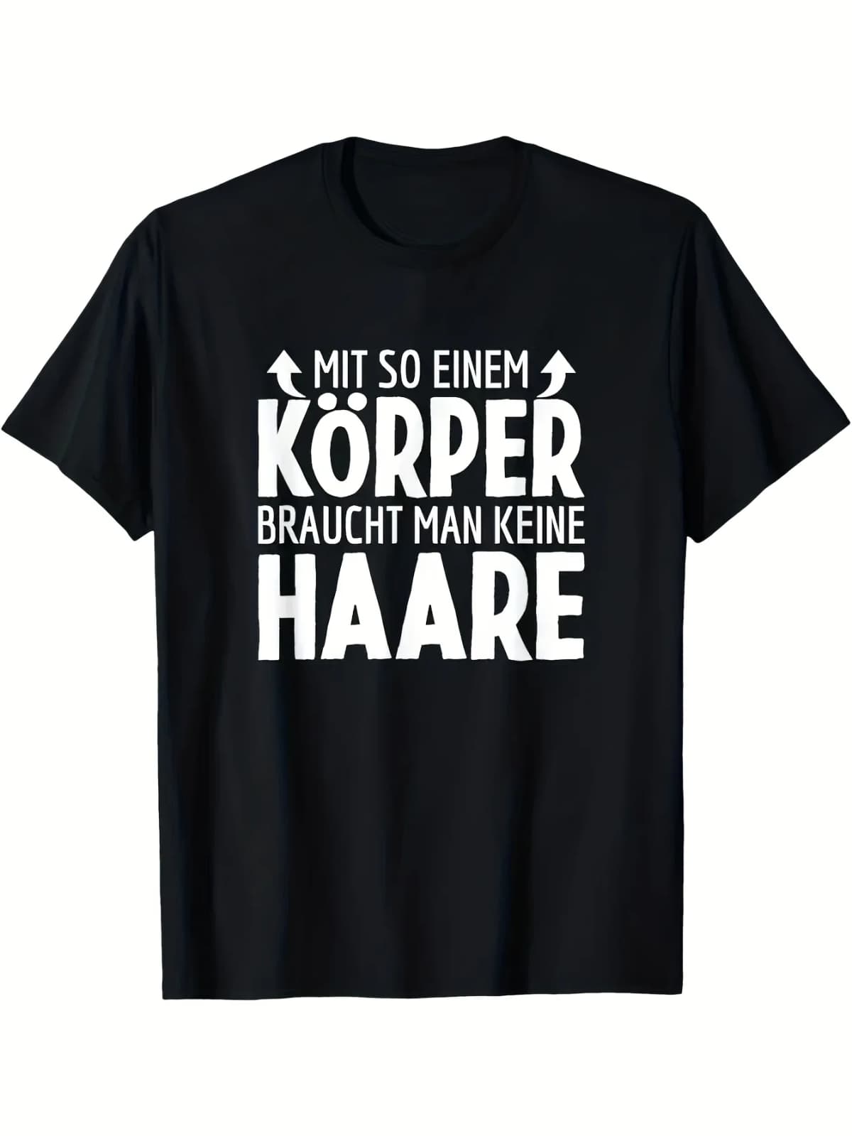Men's Funny German Saying T-Shirt -A Bald Head Doesn't Need Hair Slogan Print, Black with White Text, Short Sleeve Round Neck Casual Gym & Casual Attire, All-Season Comfort Fit for Ba