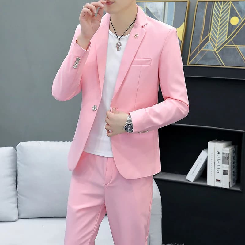 Slim Fit Two-Piece Suit Casual Business Style Solid Color Autumn Dress Suit with Trousers Included Stylish Men's Costume