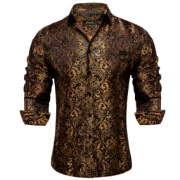 Gold Paisley Shirts for Men Long Sleeve Luxury Brand Tuxedo Wedding Party Men Clothing DiBanGu