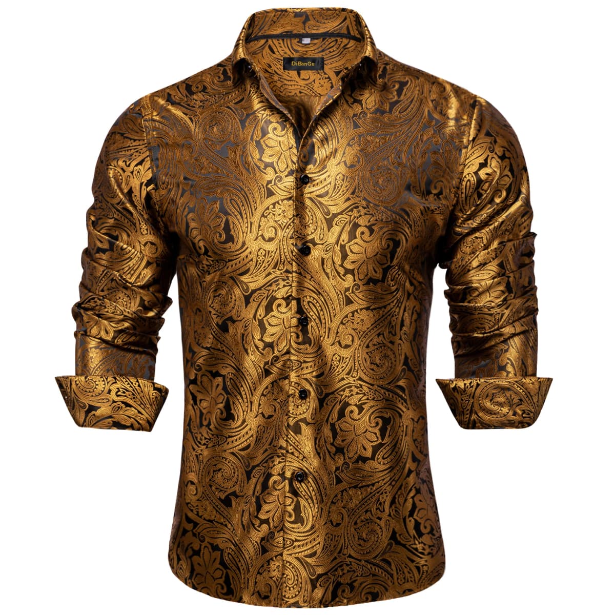 Gold Paisley Shirts for Men Long Sleeve Luxury Brand Tuxedo Wedding Party Men Clothing DiBanGu