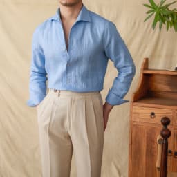 Mr. Lu San summer light breathable 100 linen one-piece collar long sleeve shirt gentry all-match white shirt men