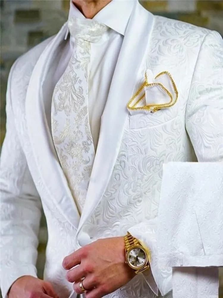 Groomsmen White Pattern Groom Tuxedos Shawl Satin Lapel Men Suits 2 Pieces Wedding Bridegroom ( Jacket + Pants + Tie ) D201