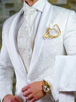 Groomsmen White Pattern Groom Tuxedos Shawl Satin Lapel Men Suits 2 Pieces Wedding Bridegroom ( Jacket + Pants + Tie ) D201