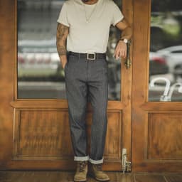 Maden Retro 12.8oz Grey Striped Jeans Straight Fit Zip Fly with Pockets Versatile Herringbone Trousers for Men's Spring and Fall