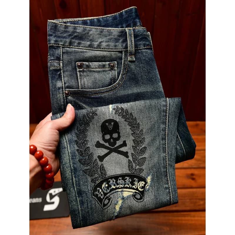 High end jeans men with ripped holes, street fashion prints,, small feet, elastic, retro and handsome pants
