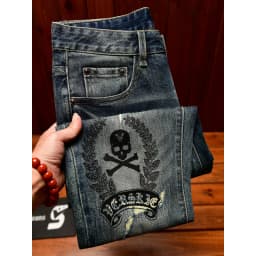 High end jeans men with ripped holes, street fashion prints,, small feet, elastic, retro and handsome pants