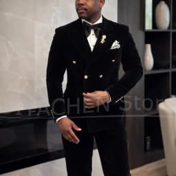 Chic Velvet Men Two Piece Suit Double Breasted Gold Buttons Blazer And Pants Luxury Wedding Groom Evening Party Prom Tuxedo