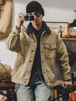 2024 autumn and winter American retro overalls male color contrast loose fashion brand casual jacket