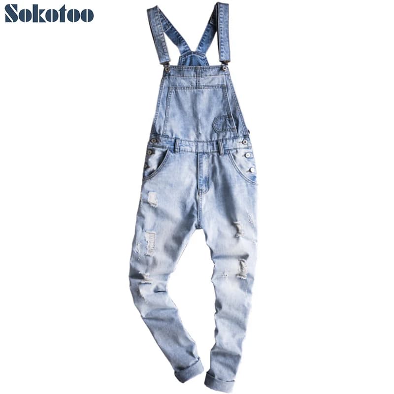 Men's Light Blue Slim Snow Washed Denim Bib Overalls for Tall Big Plus Size Hole Ripped Suspenders Jumpsuits Cargo Torn Jeans