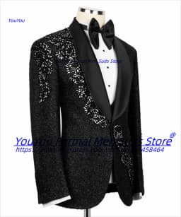 High-end Shiny Black Men Suits Customized Slim Fit Notched Lapel Groom Wedding Tuxedos Gorgeous Rhinestone Embroidery 2 Pcs Sets