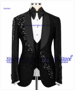 High-end Shiny Black Men Suits Customized Slim Fit Notched Lapel Groom Wedding Tuxedos Gorgeous Rhinestone Embroidery 2 Pcs Sets