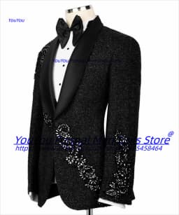 High-end Shiny Black Men Suits Customized Slim Fit Notched Lapel Groom Wedding Tuxedos Gorgeous Rhinestone Embroidery 2 Pcs Sets