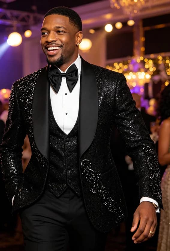 High-end Shiny Black Men Suits Customized Slim Fit Notched Lapel Groom Wedding Tuxedos Gorgeous Rhinestone Embroidery 2 Pcs Sets