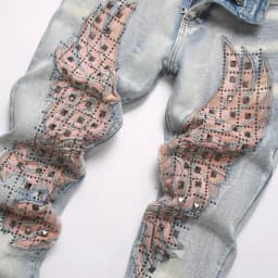 Men's Wing Patch Boot Cut Jeans Rivet Crystal Slim Flared Pants Embroidery Vintage Blue Denim Trousers
