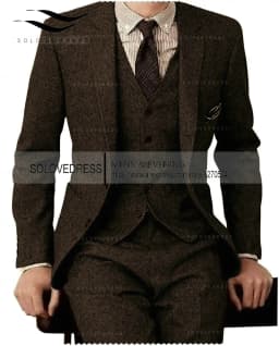 Brown Tweed Men Suits 3 Pieces Formal Business Suit Set Custom Gentle-Mens Groom Wedding Dress Blazer Suits(Jacket+Pants+Vest)